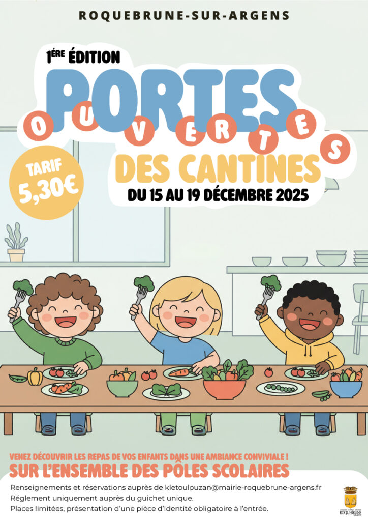 Des journées "portes ouvertes" aux parents sont organisées dans les restaurants scolaires de la Commune, du 15 au 19 décembre !  Nous vous invitons à venir découvrir, dans une ambiance chaleureuse, les repas servis à vos enfants à la cantine par notre nouveau prestataire, Terres de Cuisine - Agrandir l'image, fenêtre modale